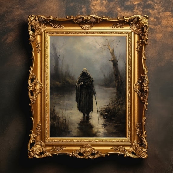 A Dark Figure Academia Moody Wall Art Misty Marsh Painting Gothic Decor Vintage Oil
