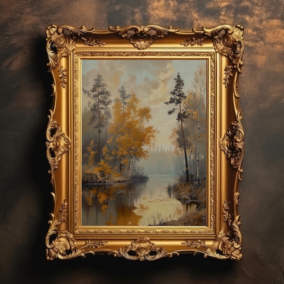 Golden Birch Trees Autumn Lake Reflection Vintage Oil Painting Poster