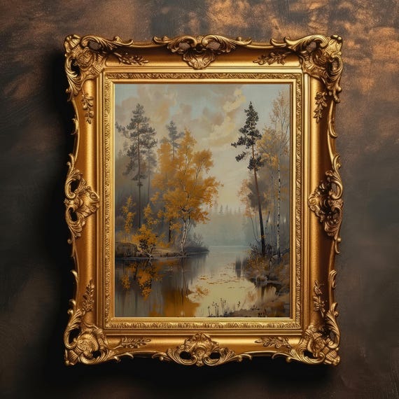 Secluded Lake Autumn Landscape Vintage Fall Painting Moody Wall Art Antique Dark Academia
