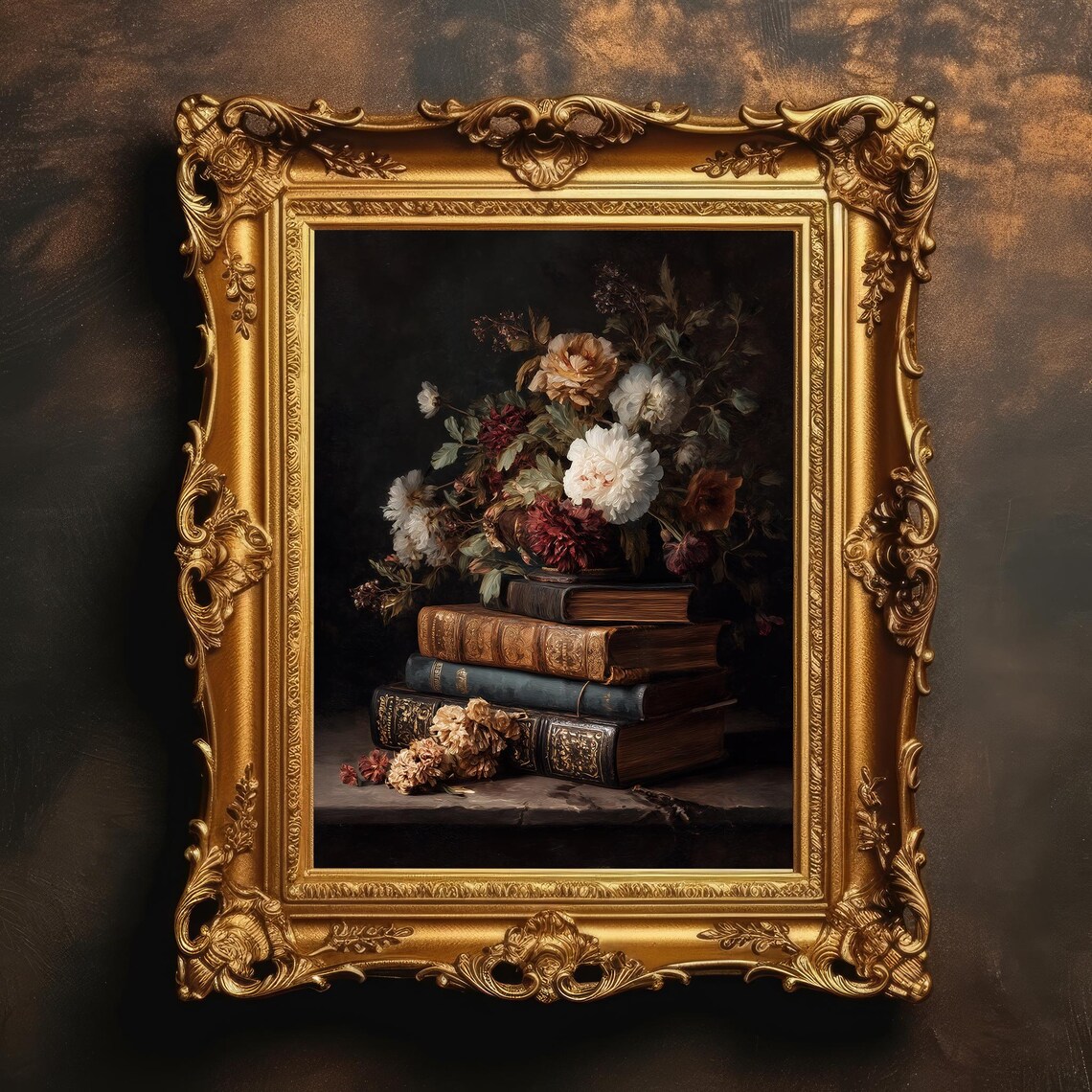 Antique Books Blooms Dark Academia Wall Art Print