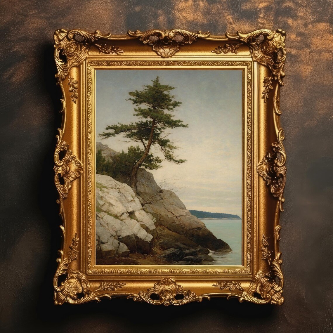 Lone Pine Tree On Rocky Atlantic Shore Vintage Oil Painting Poster