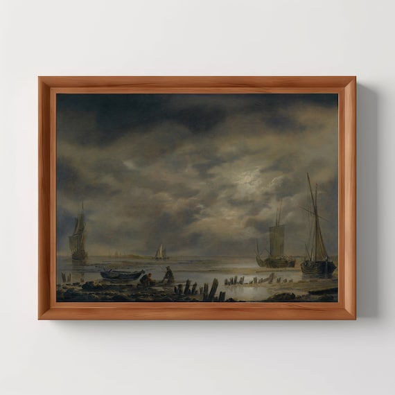 Moonlit Harbor Ships Old Master Oil Painting Nautical Art Print