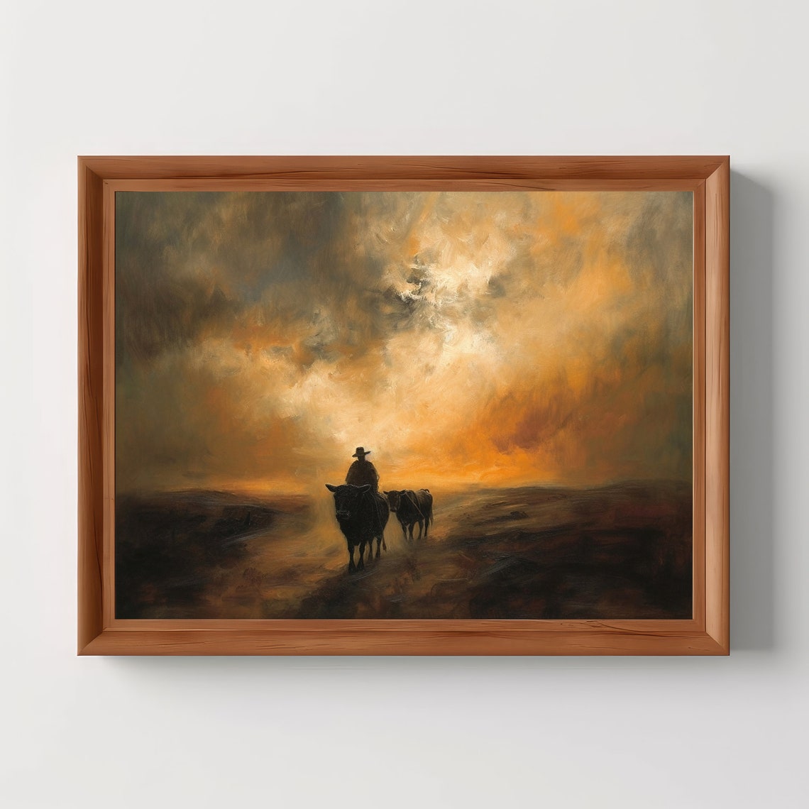 Cowboy Cattle Drive At Sunset Western Landscape Oil Art Poster