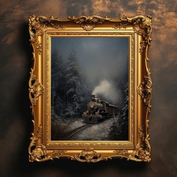 Winter Train Snow Forest Landscape Vintage Oil Painting Moody Wall Art Locomotive Print