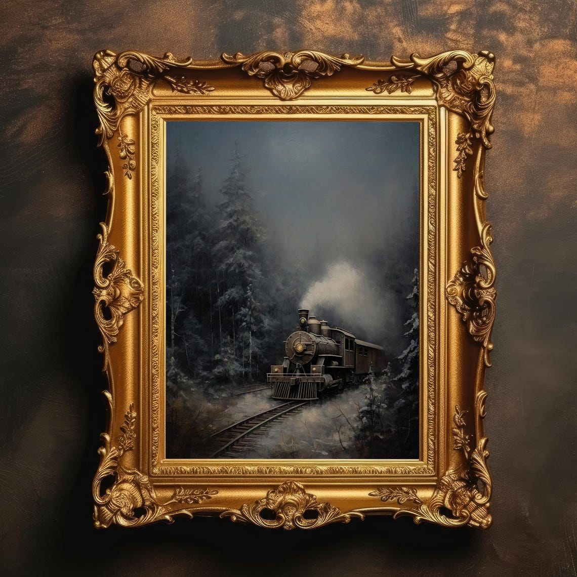 Night Steam Train Snowy Pine Forest Dark Moody Oil Painting Poster