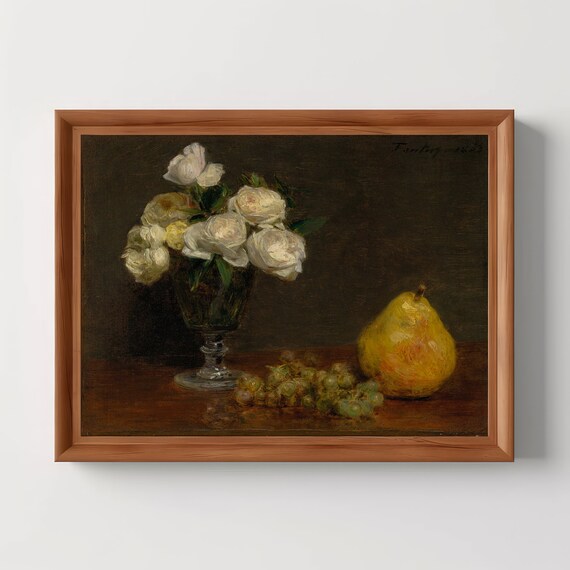 White Roses And Fruit Moody Farmhouse Art Print
