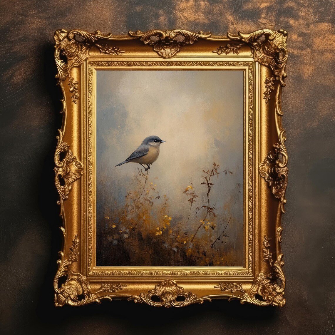 Vintage Songbird Oil Painting Moody Autumn Landscape Bird Poster