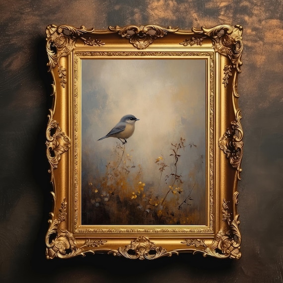 Vintage Songbird Oil Painting Moody Autumn Landscape Bird Poster