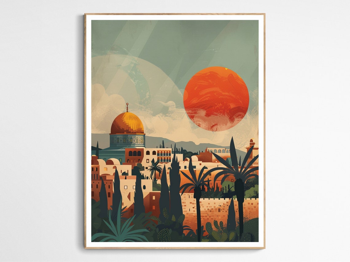 Palestine Old City Sunset Palms Retro Travel Style Art Poster