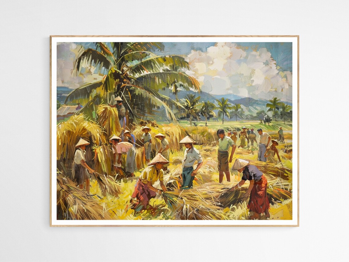 Filipino Farmers Harvesting Rice In Golden Fields Painting Print