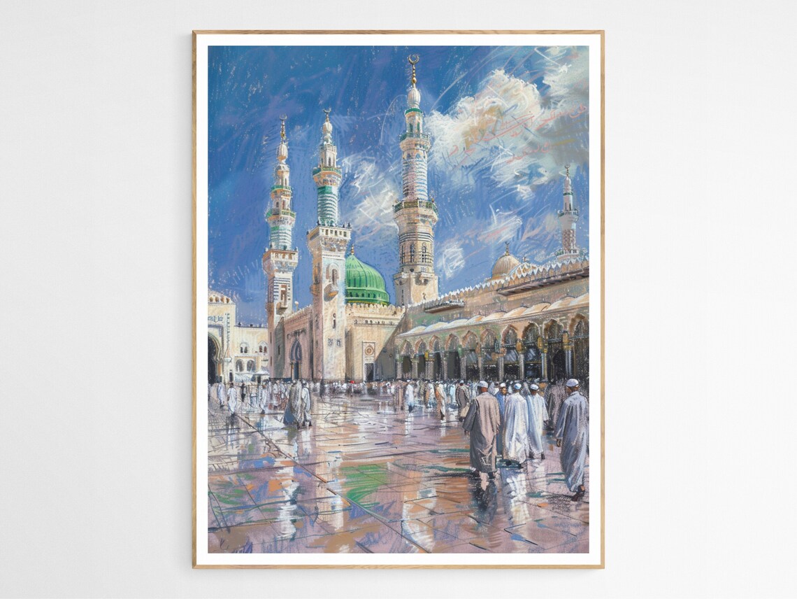 Al Masjid An Nabawi Courtyard Painting Islamic Mosque Art Poster