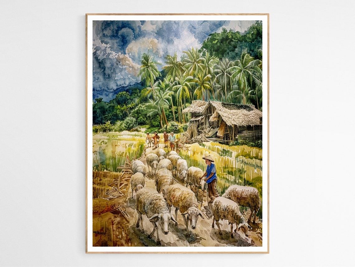 Philippines Shepherd With Sheep Near Thatched Hut Tropical Art Poster