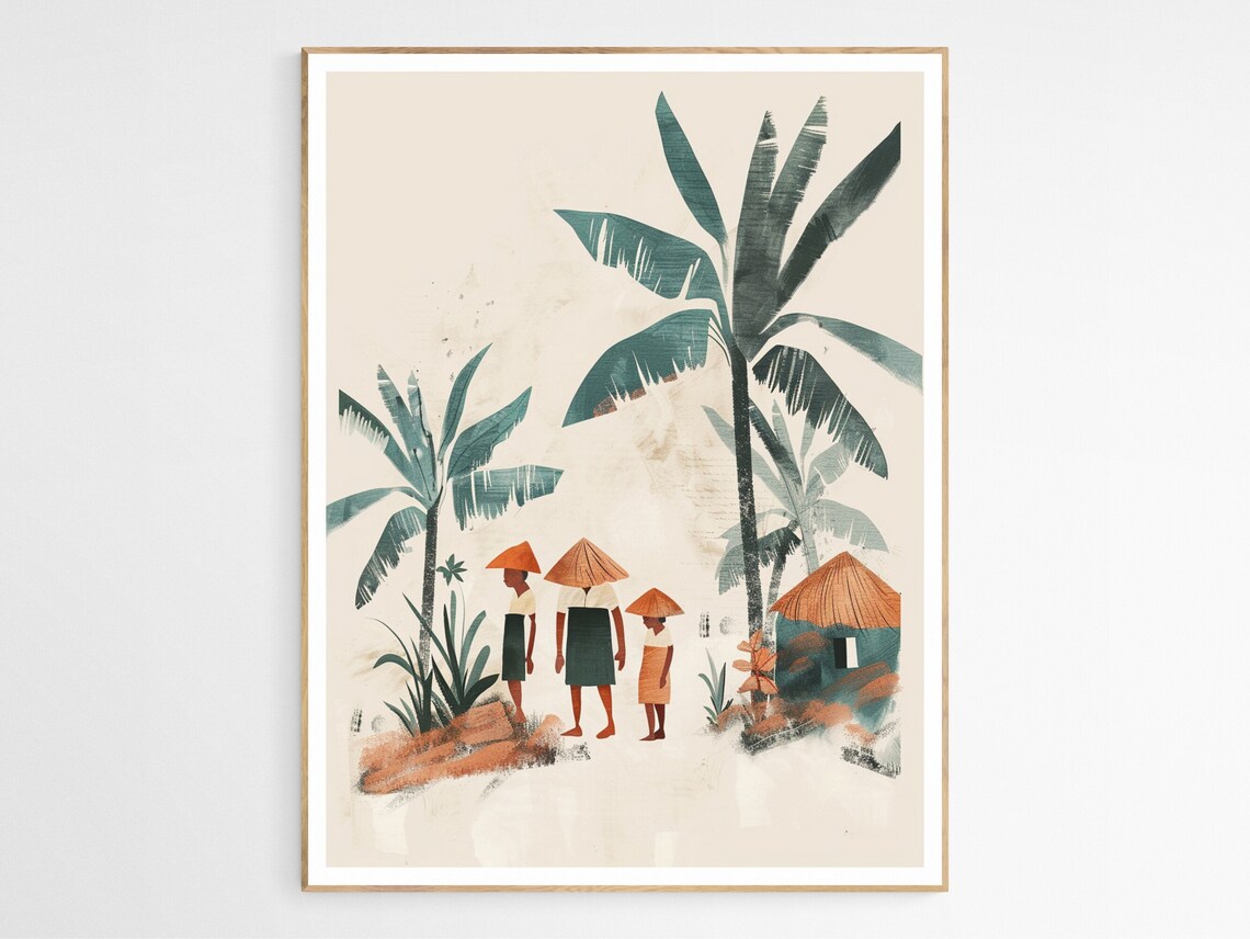Tropical Farmers Banana Trees Minimalist Village Illustration Poster