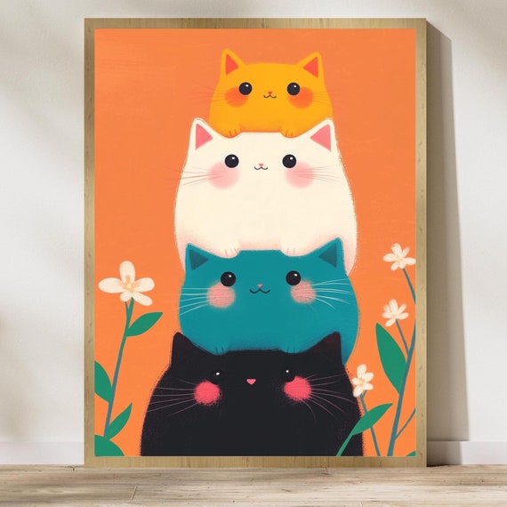 Colorful Cat Illustration Orange Prints Trendy Cute Cat Wall Art Cute Yellow White Teal And Black Cat Illustration Cat Lover Gift