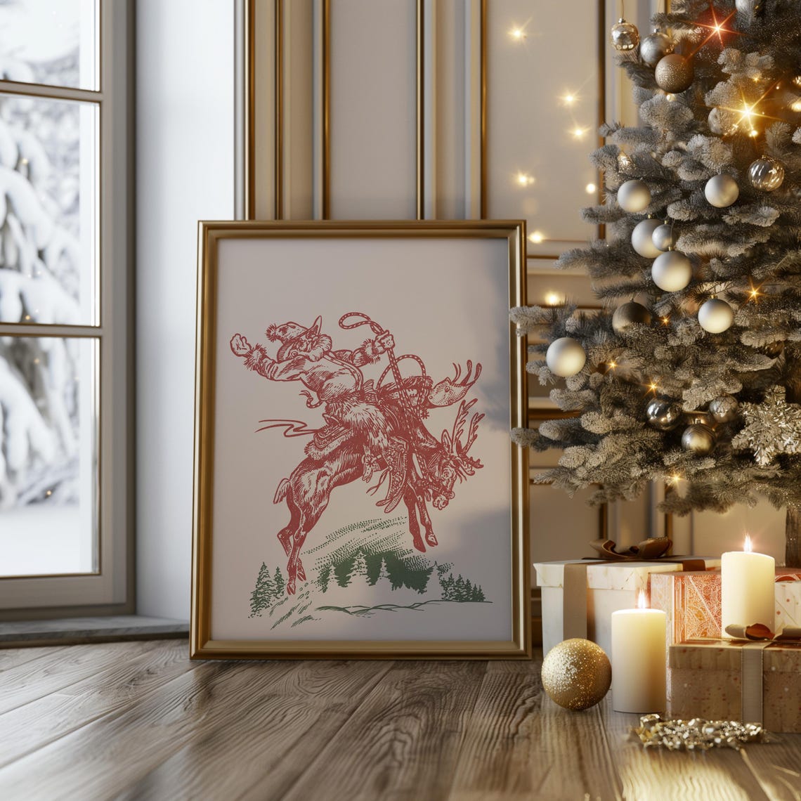 Red Ink Cowboy Santa Reindeer Ride Green Pines Western Holiday Poster - Image 3