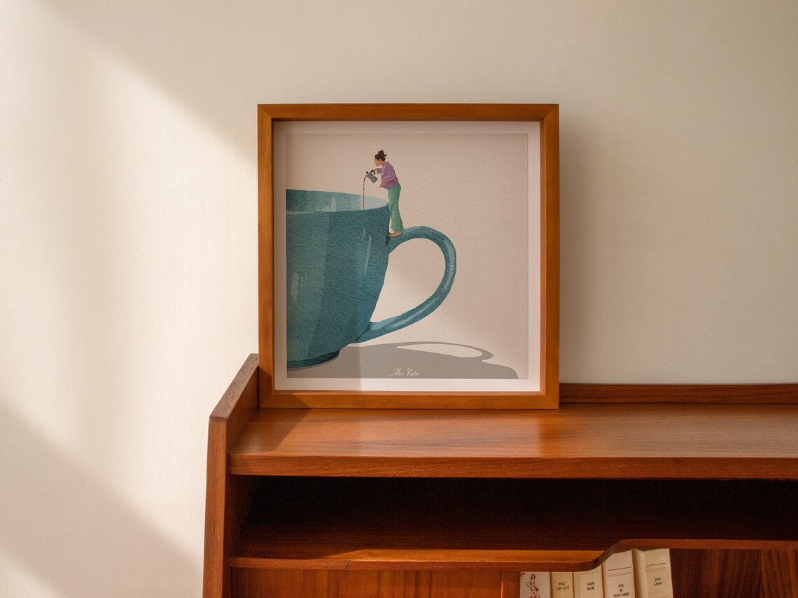 Woman Pouring Coffee Into a Giant Teal Cup in a Surreal Poster - Image 2