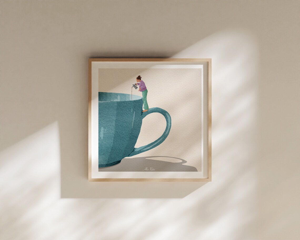 Woman Pouring Coffee Into a Giant Teal Cup in a Surreal Poster - Image 3