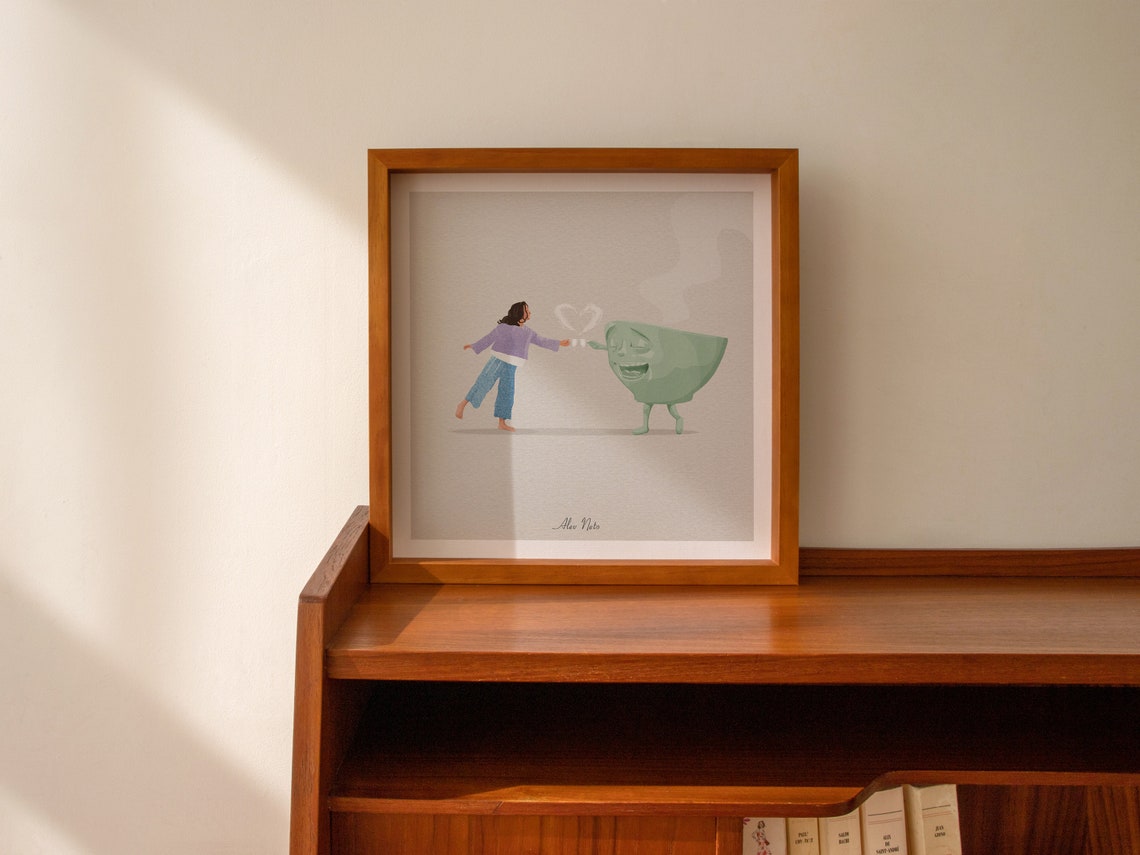 Girl Sharing Coffee With a Laughing Giant Teacup Character Poster - Image 2