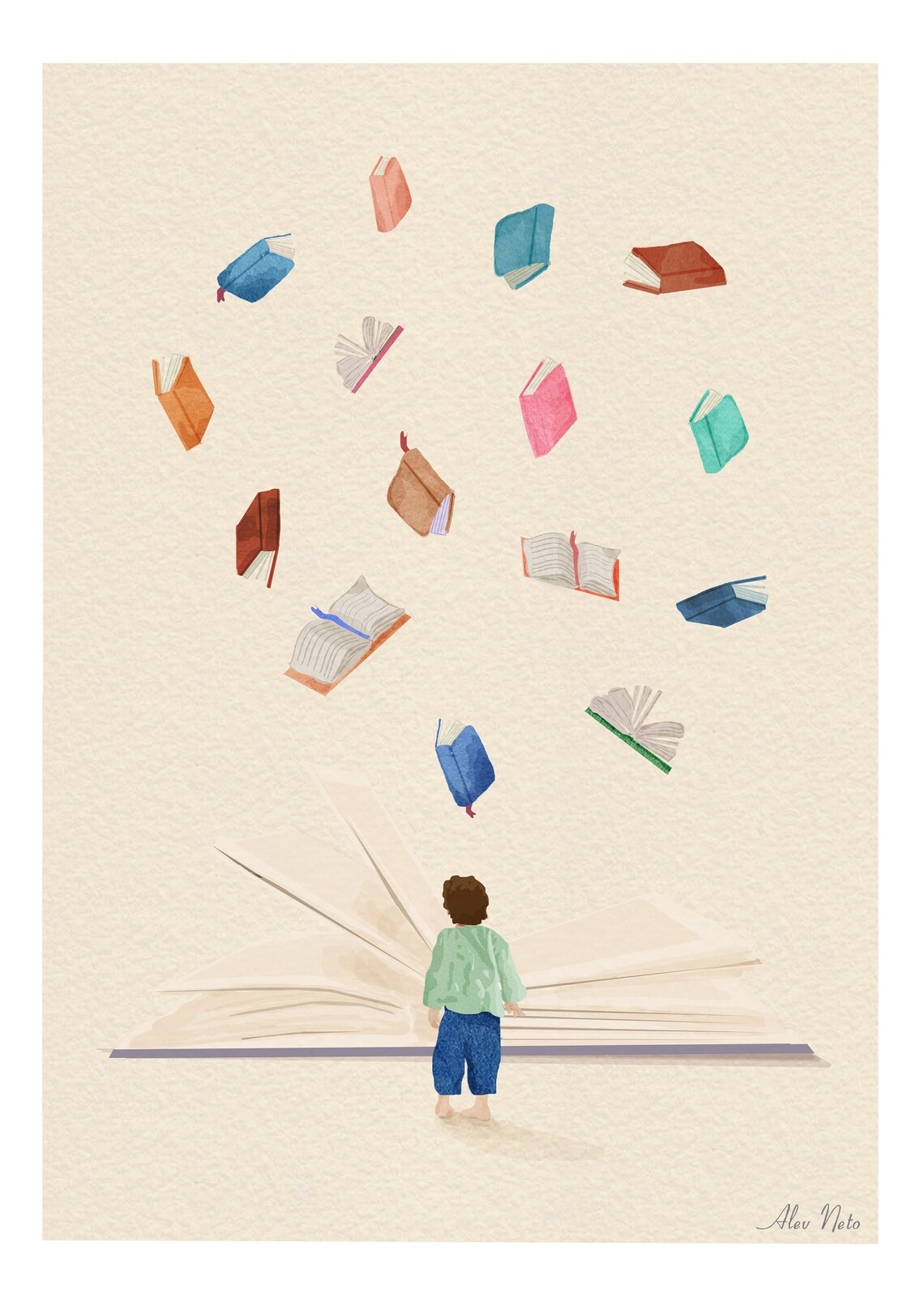 Child Reading as Colorful Books Fly From a Giant Book Poster - Image 4