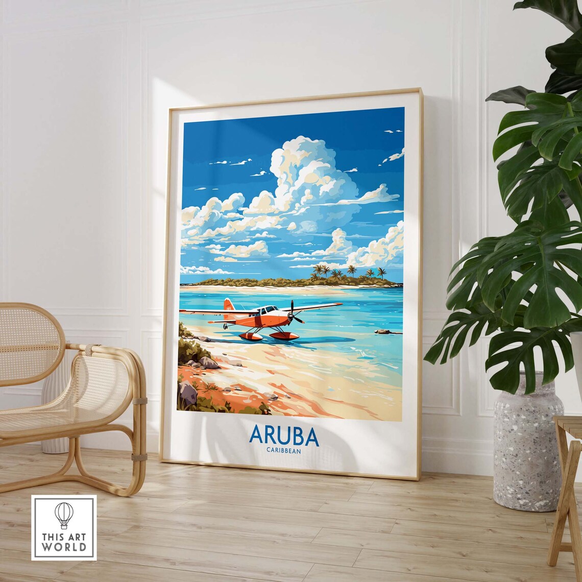 Aruba Caribbean Red Seaplane Tropical Beach Illustration Travel Poster - Image 3