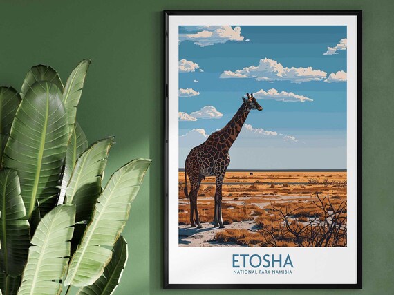 Etosha National Park Namibia Giraffe Savanna Vintage Travel Poster