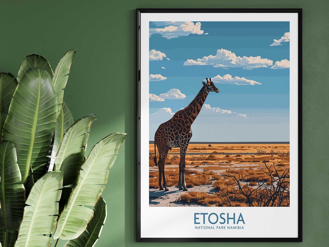 Etosha National Park Namibia Giraffe Savanna Vintage Travel Poster