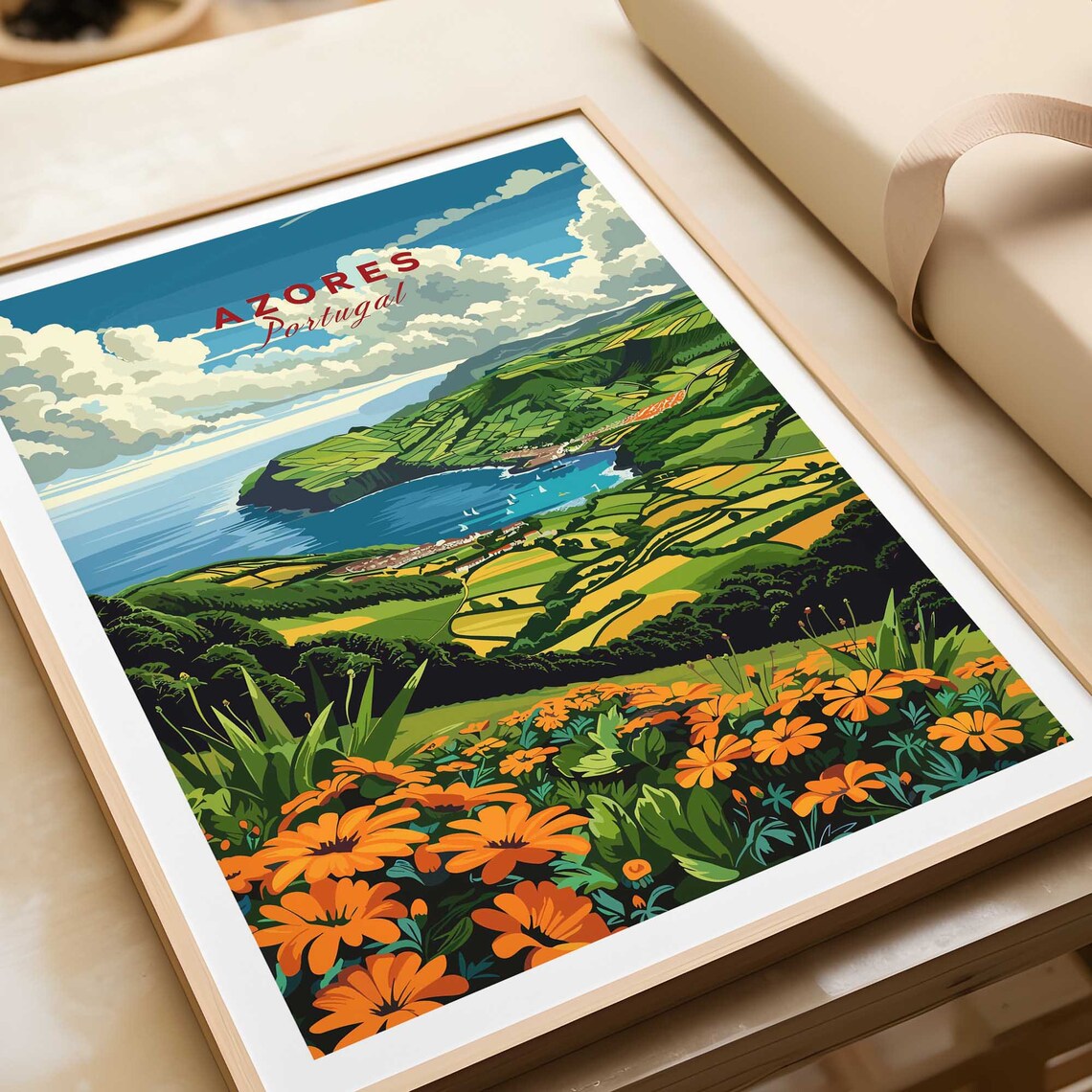 Azores Portugal Green Crater Valley Bay Orange Flowers View Poster - Image 4