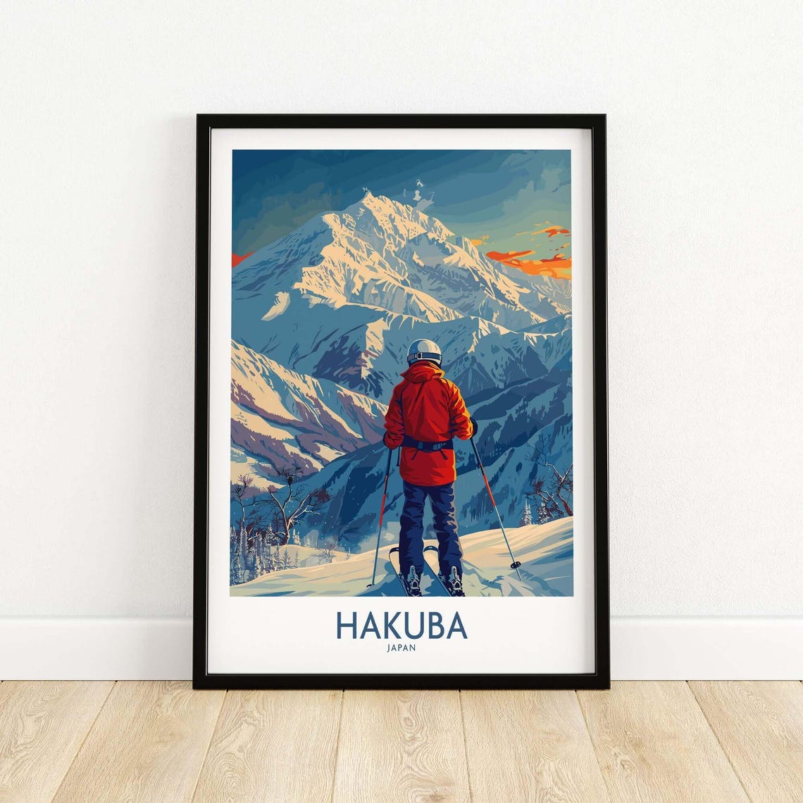 Hakuba Japan Ski Poster Skier in Red Facing Peak at Sunset Alpine Art