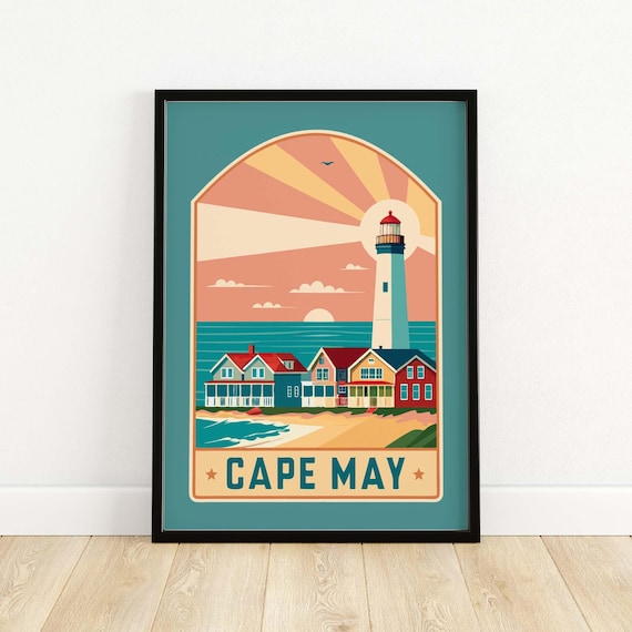 Cape May Lighthouse Sunburst Retro Style Beach Travel Poster
