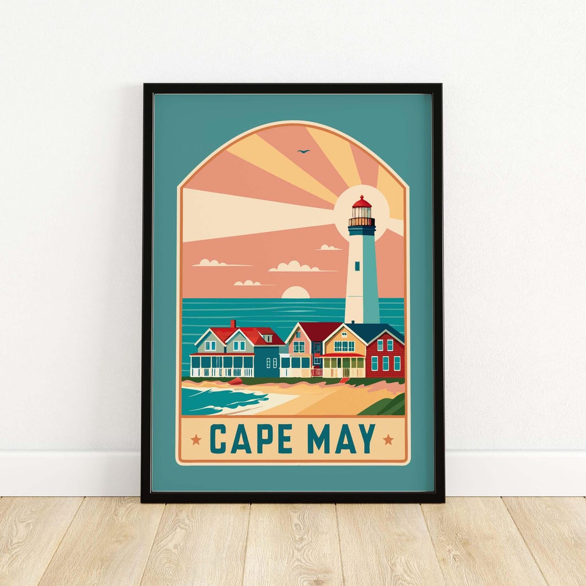 Cape May Lighthouse Sunburst Retro Style Beach Travel Poster