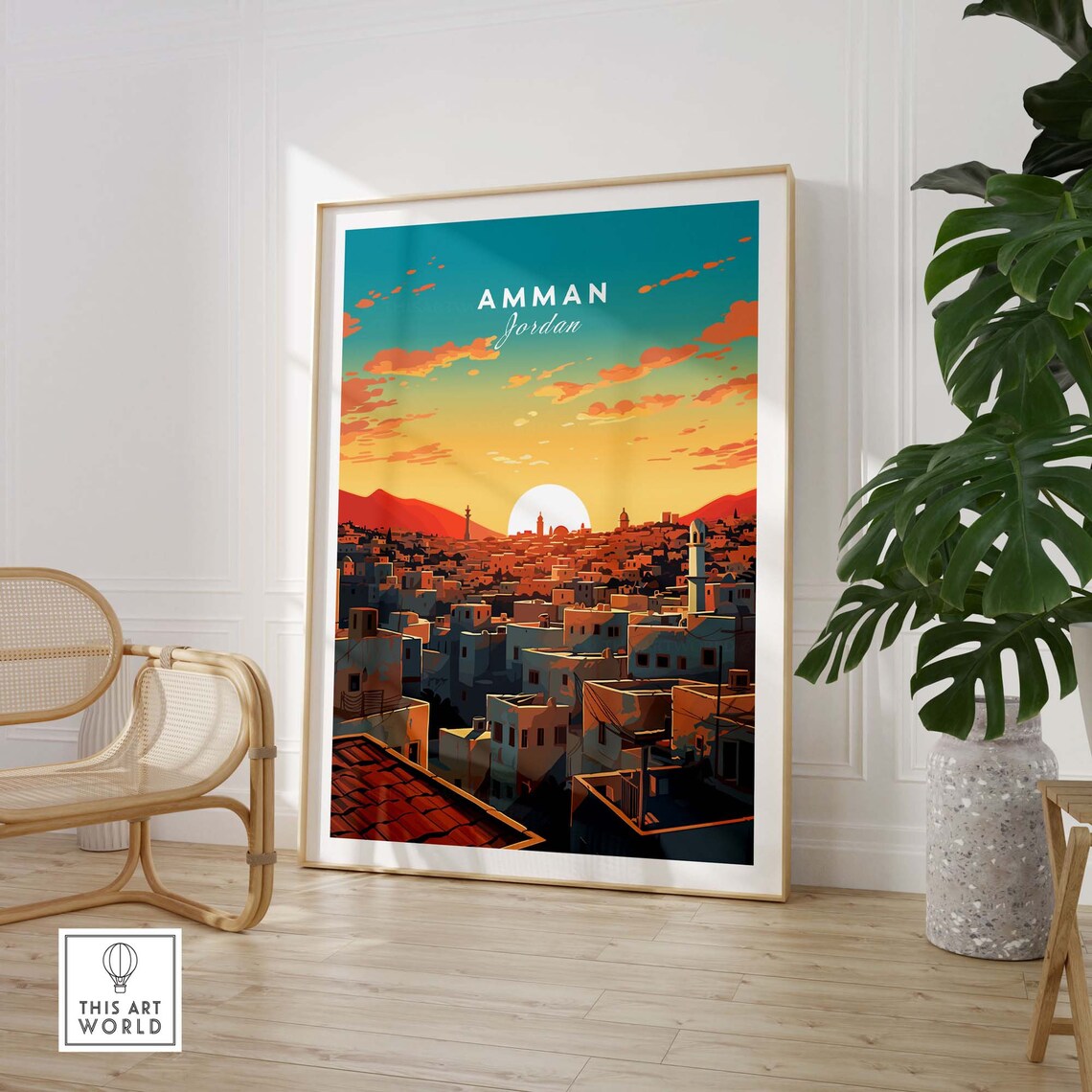 Amman Jordan Cityscape Sunset Minarets Rooftops Retro Travel Poster - Image 3