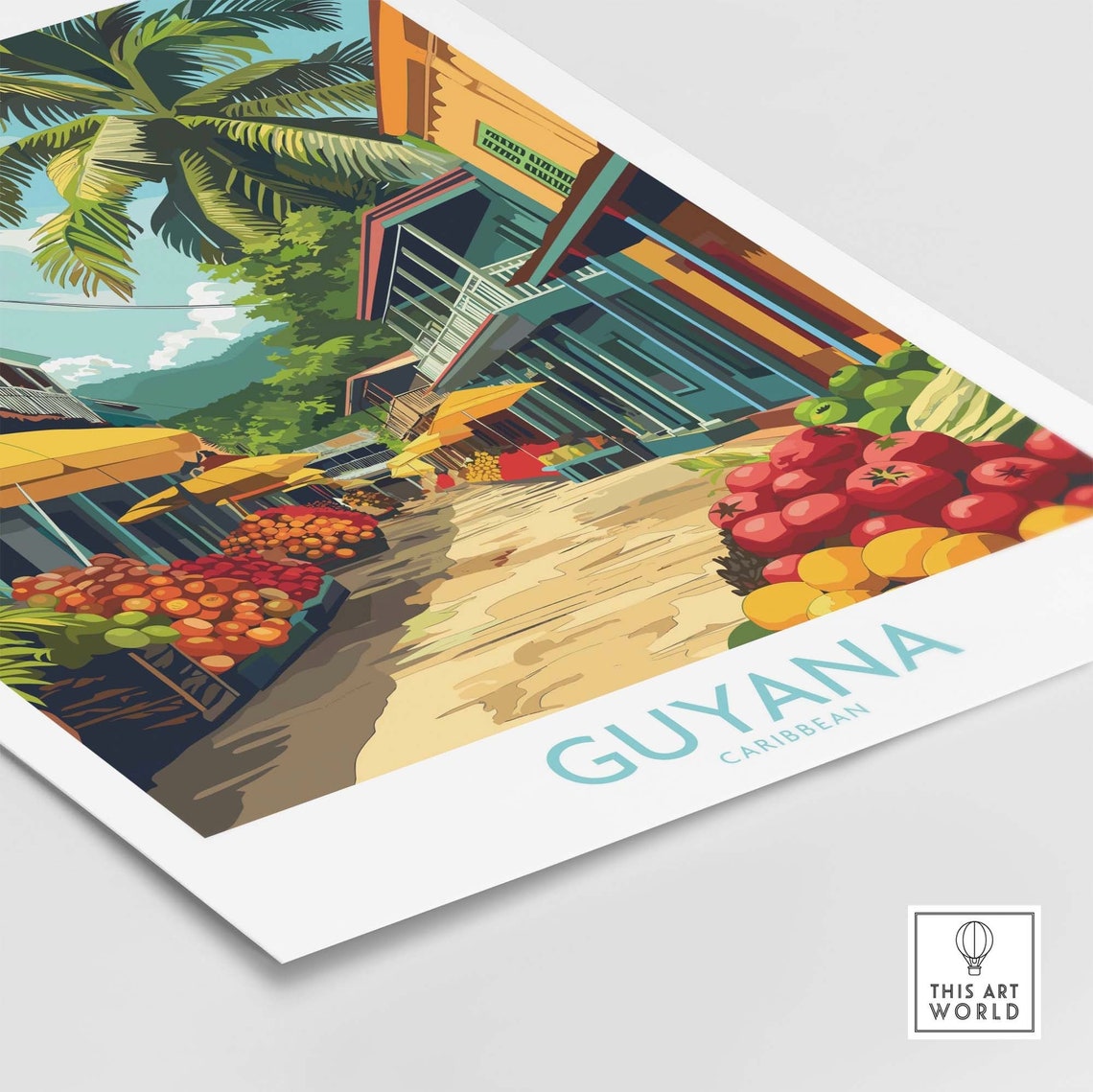 Guyana Caribbean Tropical Fruit Market Street Palm Scene Poster - Image 4