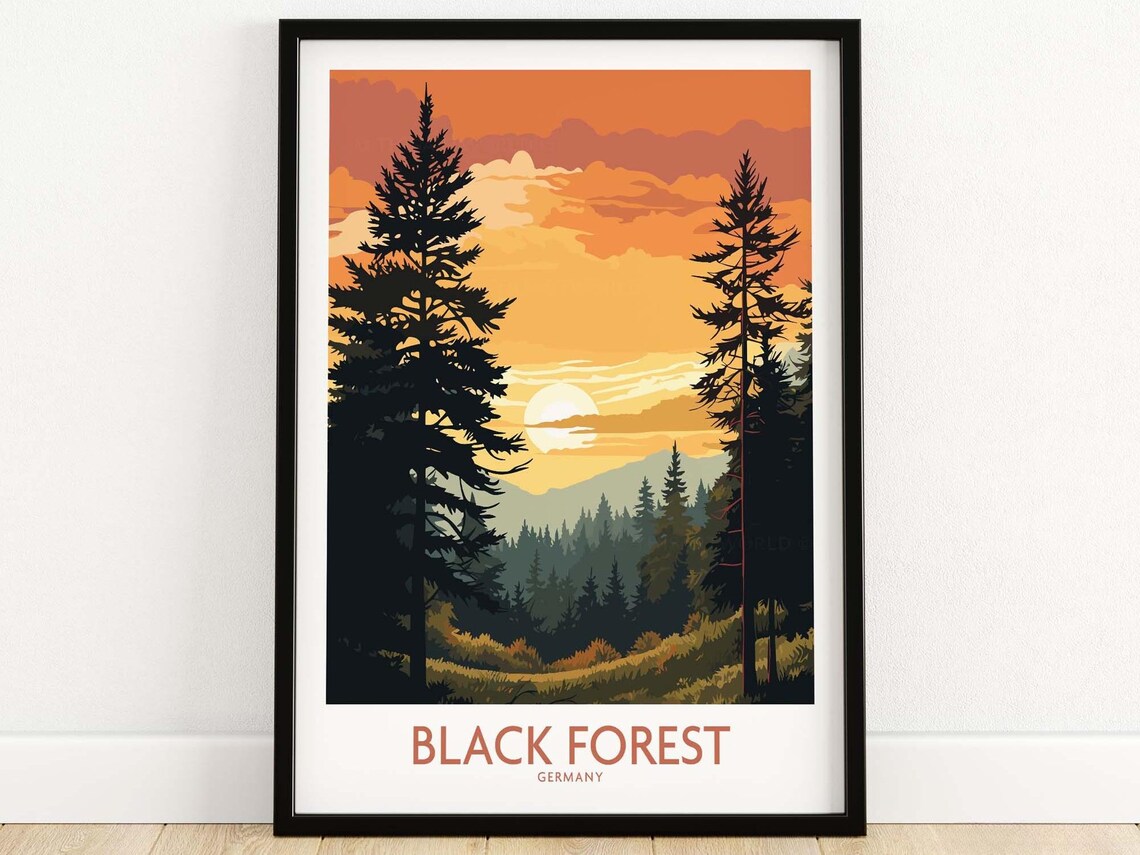 Black Forest Germany Pine Sunset Mountain Scene Vintage Travel Poster