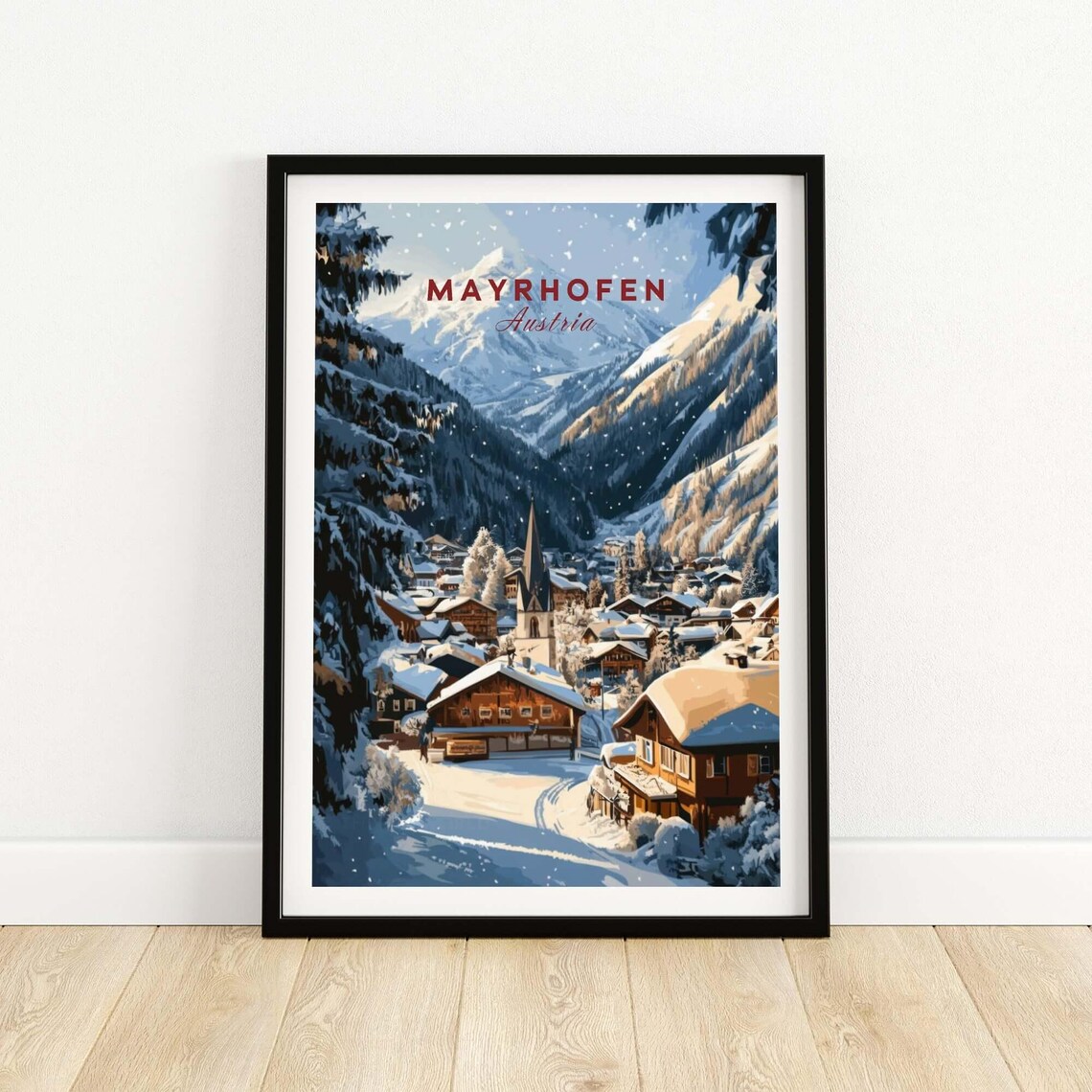 Mayrhofen Austria Snowy Alpine Village and Church Spire Poster