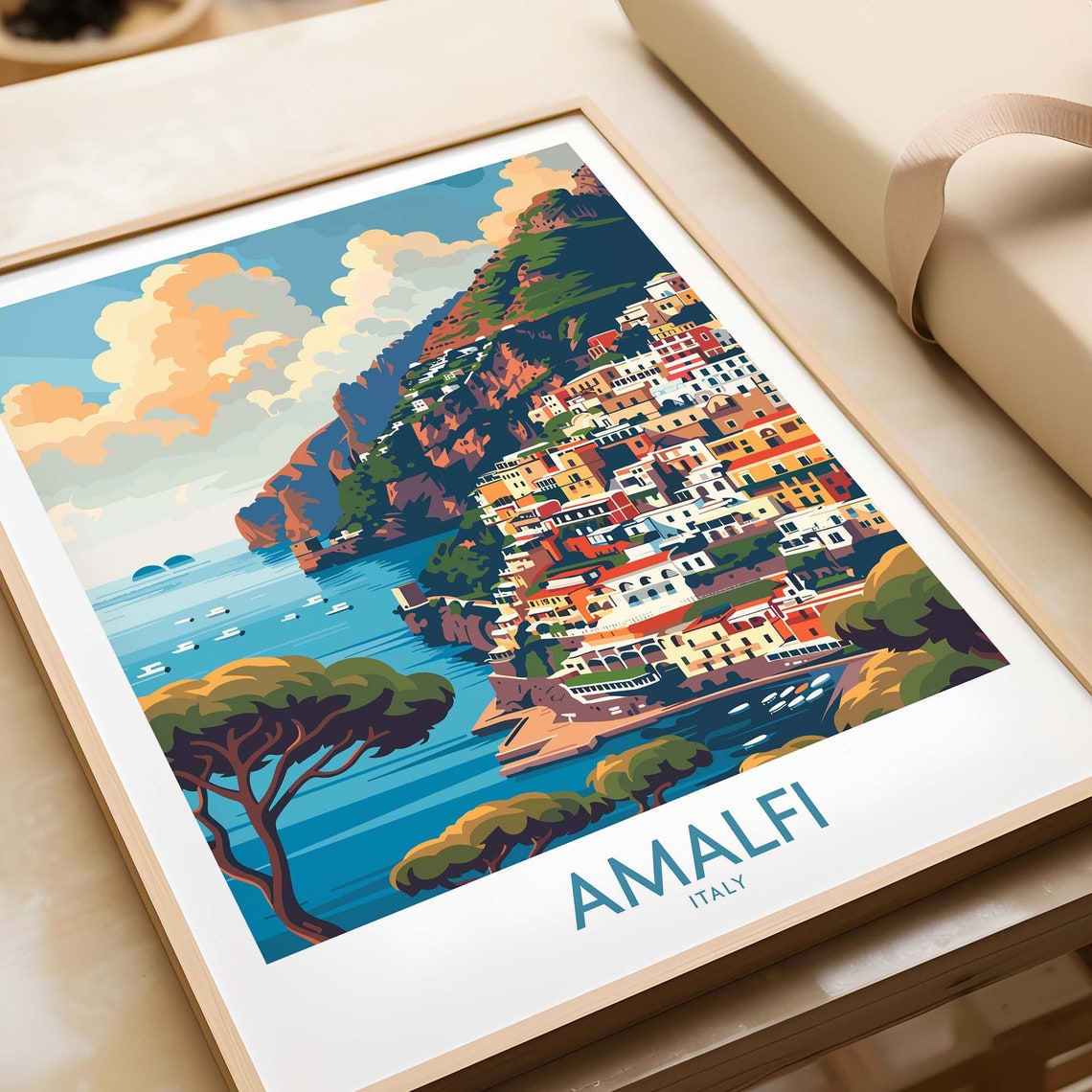 Amalfi Italy Pine Framed Cliff Coast Blue Sea View Travel Poster