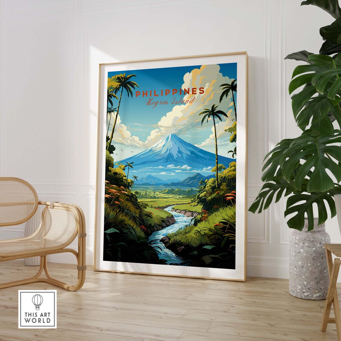 Philippines Negros Island Volcano River Palms Vintage Travel Poster - Image 3