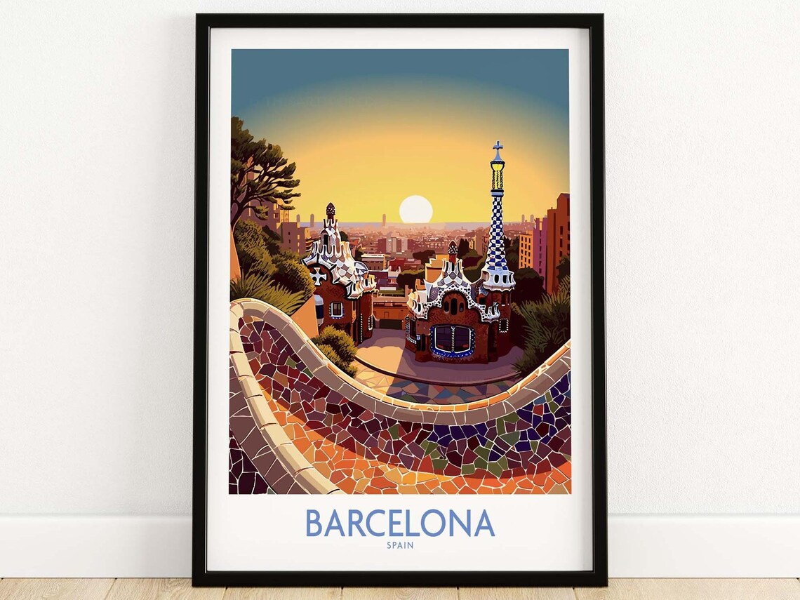 Barcelona Park Guell Travel Poster, Europe Art Print