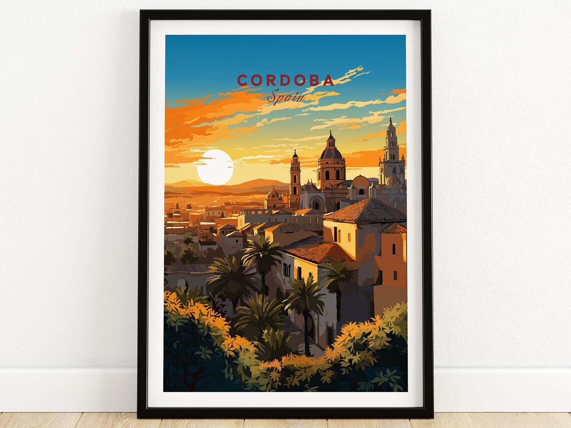 Cordoba Spain Sunset Cathedral Cityscape Vintage Travel Poster