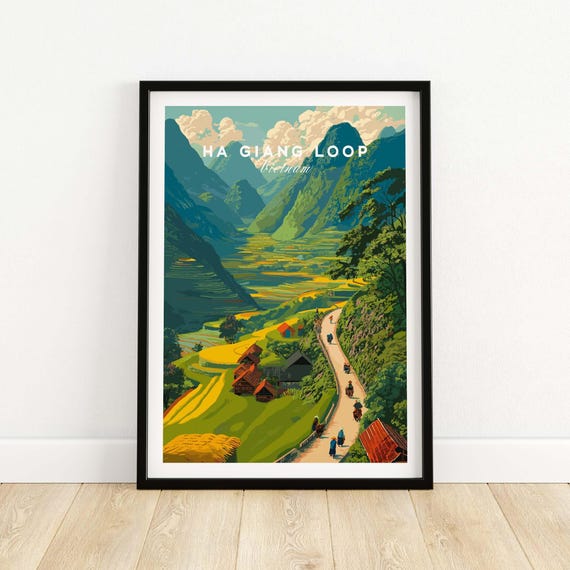 Ha Giang Loop Vietnam Valley Village Travel Print Motorbikes Poster Mountain Scenery Gift Art Lovers Illustration