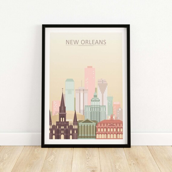 New Orleans Pastel City Skyline Illustrated Modern Travel Poster