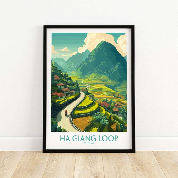 Ha Giang Loop Vietnam Valley Village Travel Print Motorbikes Poster Mountain Scenery Gift Art Lovers Illustration