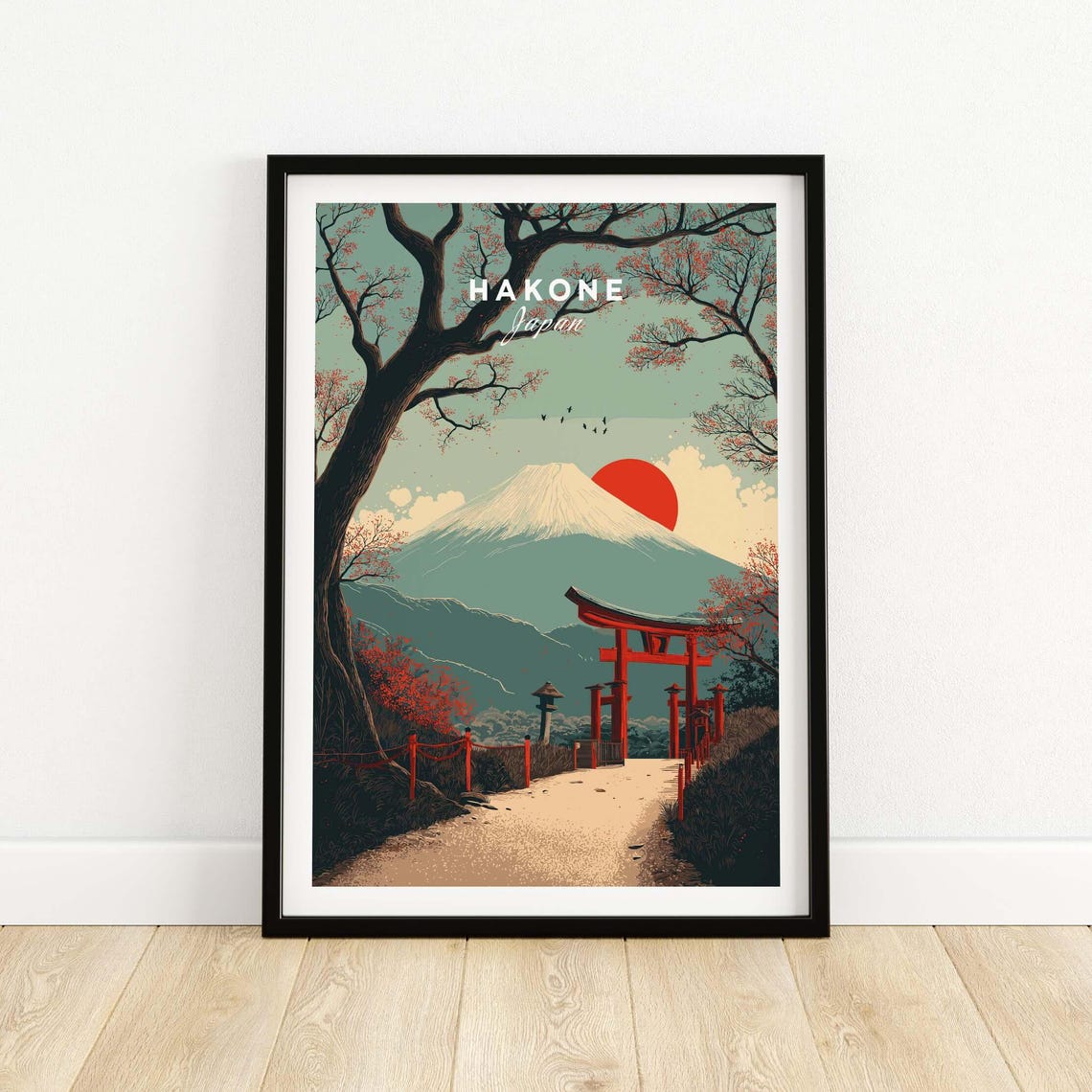 Hakone Japan Mount Fuji Red Sun Torii Gate Cherry Blossom Poster