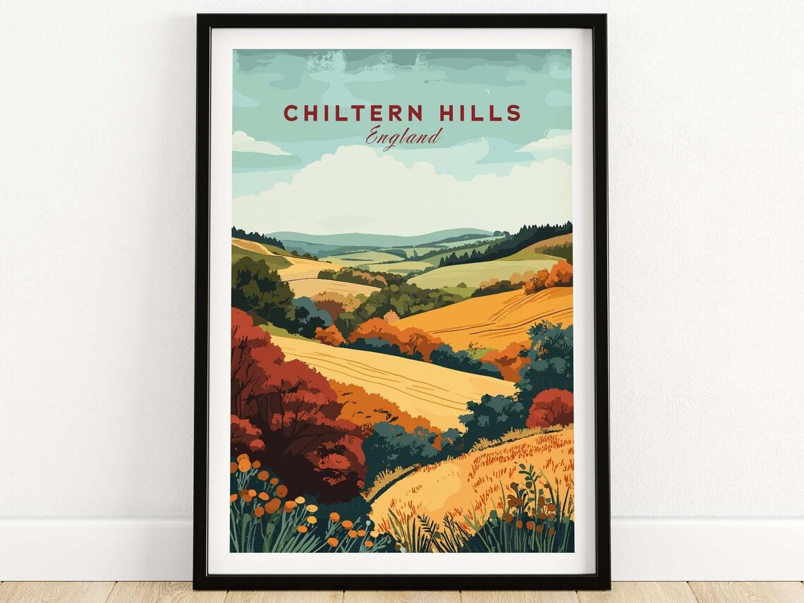 Chiltern Hills England Autumn Orange Hills Vintage Travel Poster