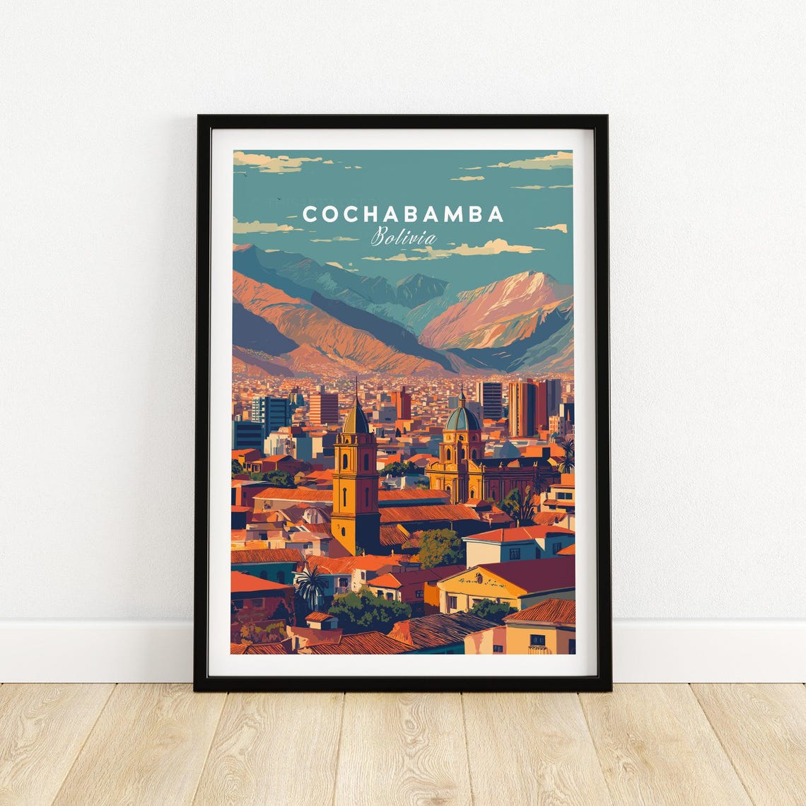 Cochabamba Bolivia Andes Cityscape Cathedral Spires Travel Poster