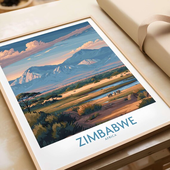 Zimbabwe Safari Wall Art African Travel Print Elephant Decor Vintage Poster Nature Gift Framed Home Artwork