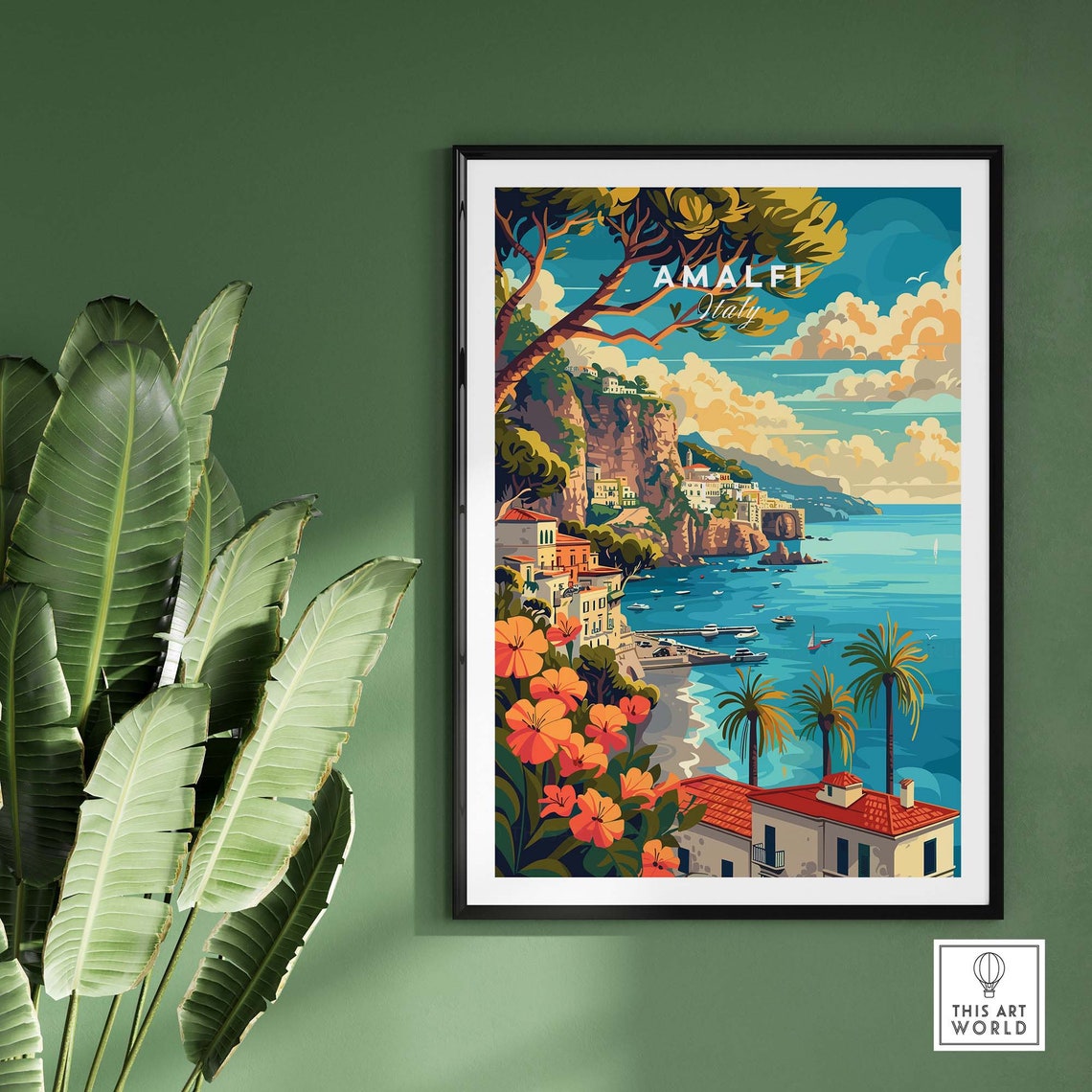 Amalfi Italy Cliffside Coastline Bougainvillea Sea View Travel Poster - Image 2