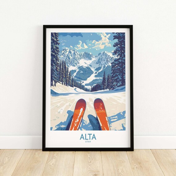 Alta Utah Valley Run Orange Skis Panoramic Winter Scene Poster