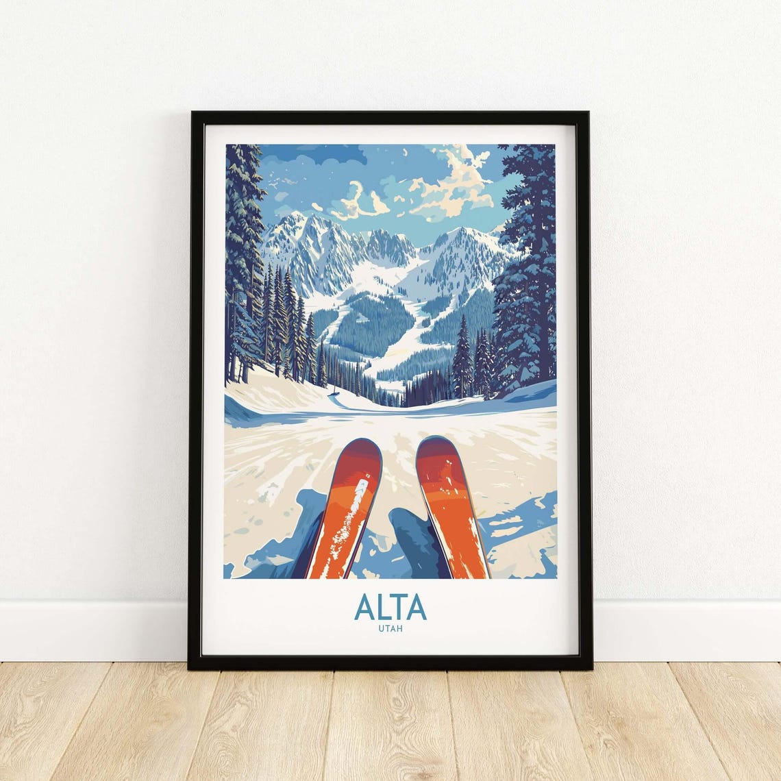 Alta Utah Valley Run Orange Skis Panoramic Winter Scene Poster