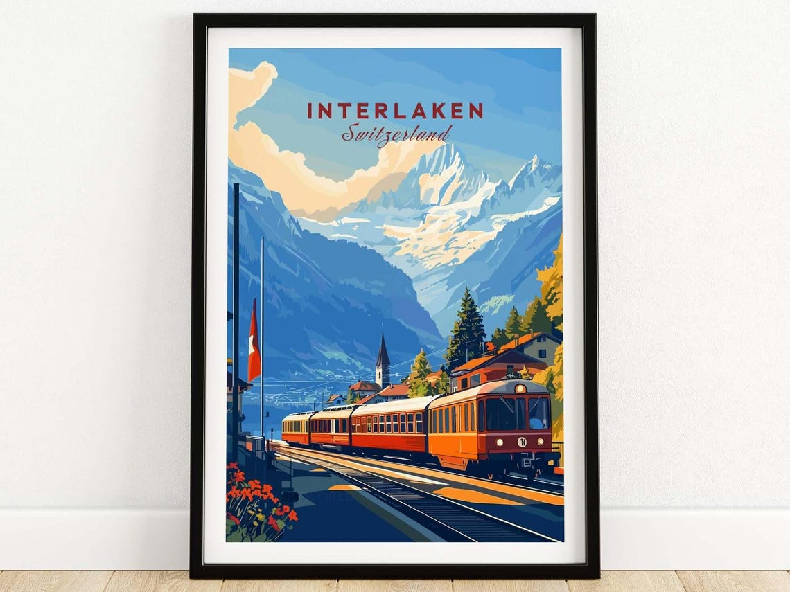 Interlaken Switzerland Alpine Peaks Red Mountain Train Poster
