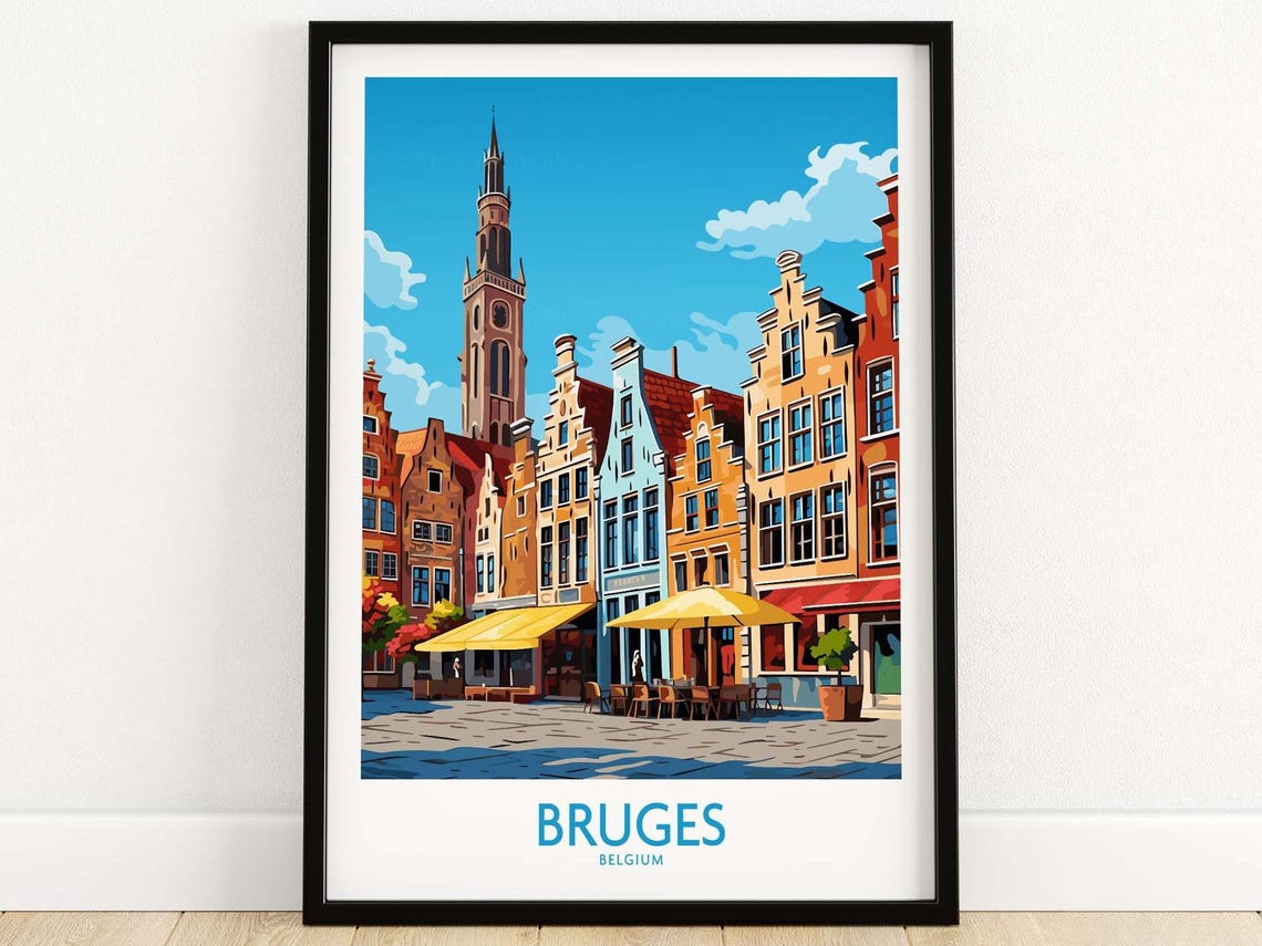 Bruges Belgium Medieval Market Square Belfry Cafe Scene Poster